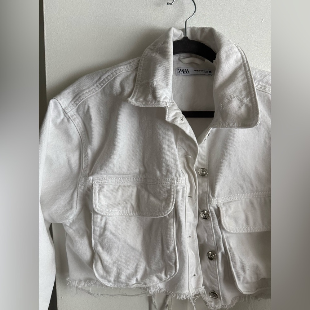 Zara white distressed denim jacket